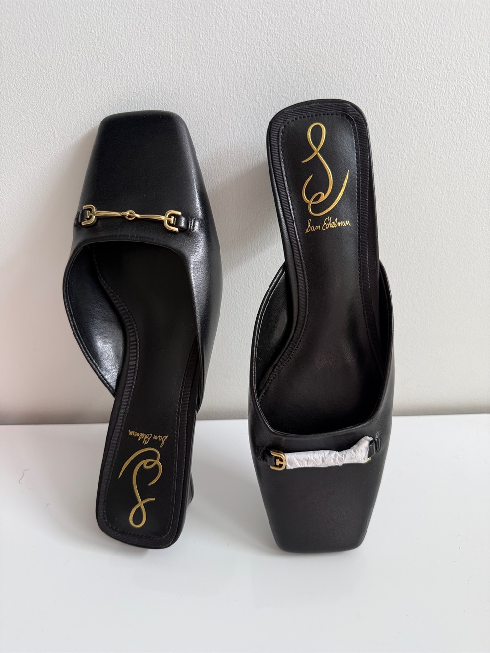 Sam Edelman Black Leather Square-Toe Mules with Gold Accents - Picture 6 of 7